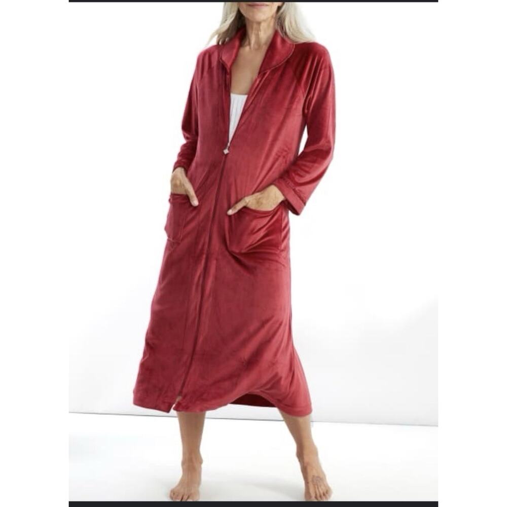 Eileen West Ballet Robe Dressing Gown Full Zip Velour Size Small Medium Wine Red
